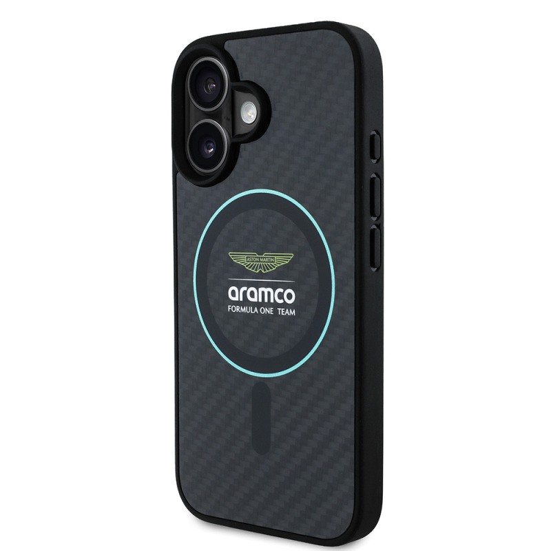 Apple iPhone 16 Case Aston Martin Original Licensed Magsafe Charging Feature Colorful Ring and Carbon Fiber Design Cover - 3