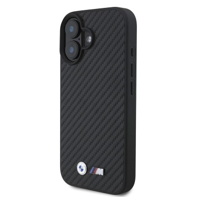 Apple iPhone 16 Case BMW Original Licensed Carbon Fiber Design and Metal Logo PU Leather Cover - 3