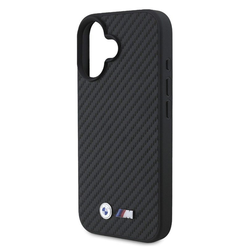 Apple iPhone 16 Case BMW Original Licensed Carbon Fiber Design and Metal Logo PU Leather Cover - 7