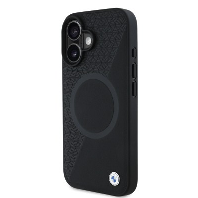Apple iPhone 16 Case BMW Original Licensed Magsafe Charging Feature Metal Logo Semi-Textured Circle Leather Cover - 3