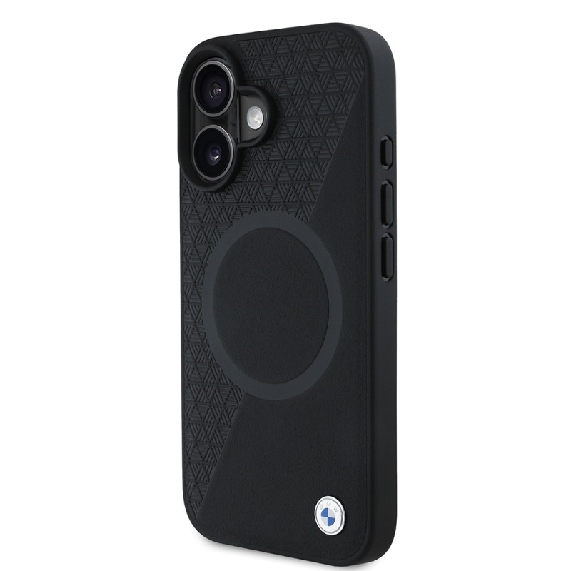 Apple iPhone 16 Case BMW Original Licensed Magsafe Charging Feature Metal Logo Semi-Textured Circle Leather Cover - 3