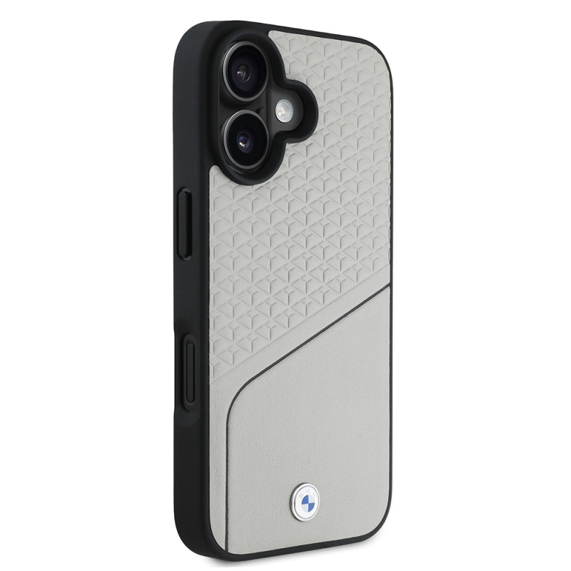 Apple iPhone 16 Case BMW Original Licensed Magsafe Charging Featured Metal Logo Striped Leather Textured Cover - 13