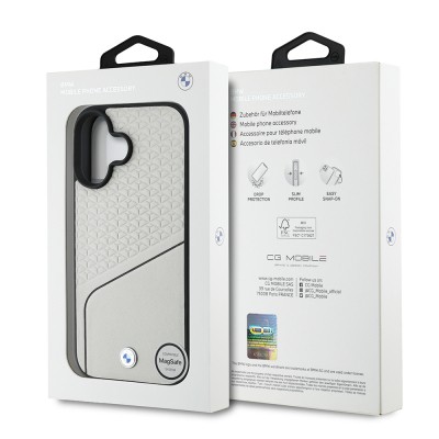 Apple iPhone 16 Case BMW Original Licensed Magsafe Charging Featured Metal Logo Striped Leather Textured Cover - 17
