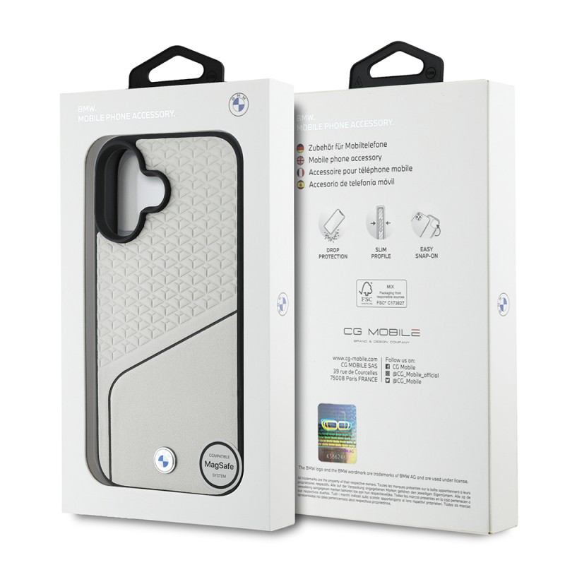 Apple iPhone 16 Case BMW Original Licensed Magsafe Charging Featured Metal Logo Striped Leather Textured Cover - 17