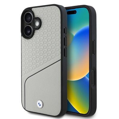 Apple iPhone 16 Case BMW Original Licensed Magsafe Charging Featured Metal Logo Striped Leather Textured Cover - 10