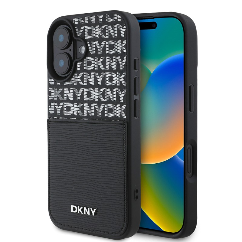 Apple iPhone 16 Case DKNY Original Licensed Card Holder 3D Written Repeat Texture Pattern Cover - 2