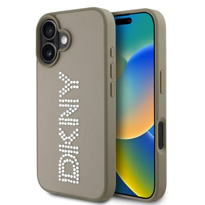 Apple iPhone 16 Case DKNY Original Licensed Stone DKNY Written Metallic Rhinestones PU Leather Cover - 4