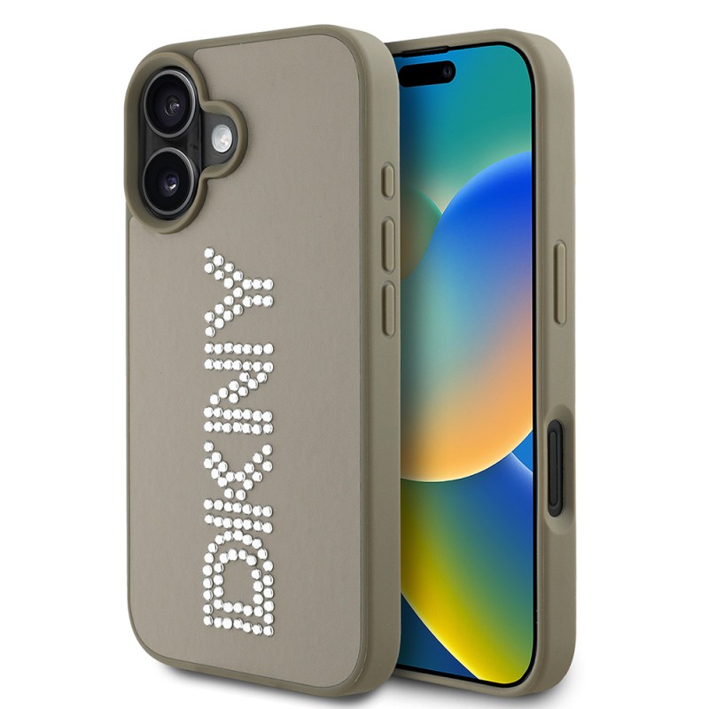 Apple iPhone 16 Case DKNY Original Licensed Stone DKNY Written Metallic Rhinestones PU Leather Cover - 4