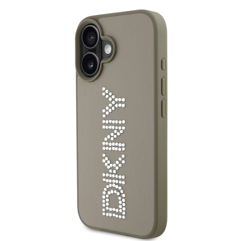 Apple iPhone 16 Case DKNY Original Licensed Stone DKNY Written Metallic Rhinestones PU Leather Cover - 5