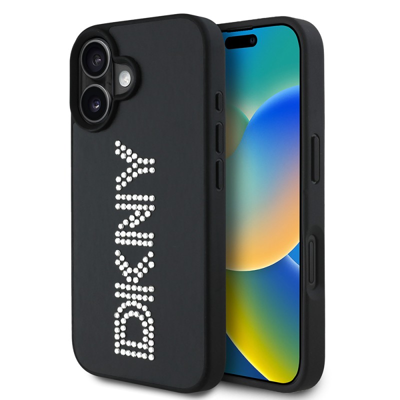 Apple iPhone 16 Case DKNY Original Licensed Stone DKNY Written Metallic Rhinestones PU Leather Cover - 11