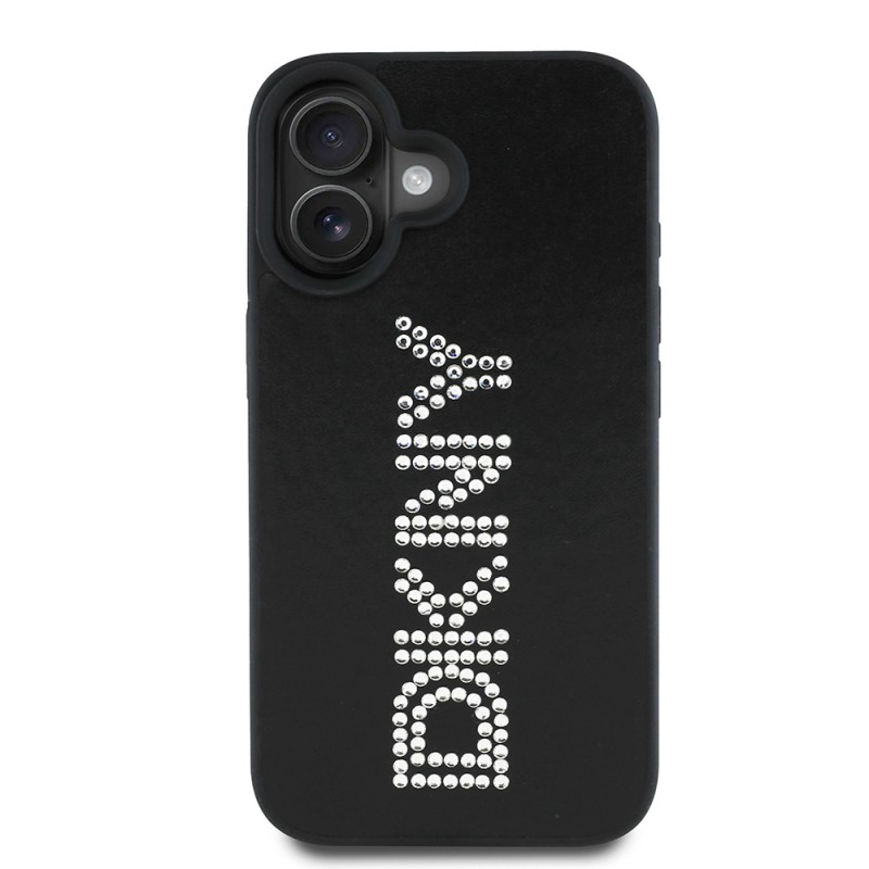 Apple iPhone 16 Case DKNY Original Licensed Stone DKNY Written Metallic Rhinestones PU Leather Cover - 3