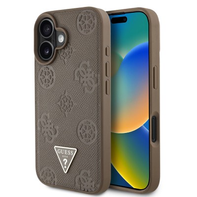 Apple iPhone 16 Case Guess Original Licensed Magsafe Charging Feature Hot Printed Triangle Logo PU Leather Peony Cover - 10