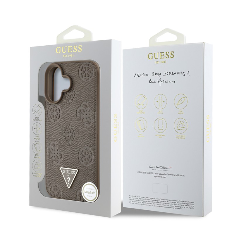Apple iPhone 16 Case Guess Original Licensed Magsafe Charging Feature Hot Printed Triangle Logo PU Leather Peony Cover - 11