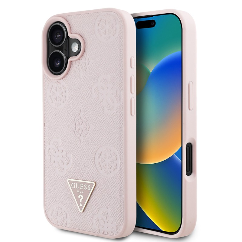 Apple iPhone 16 Case Guess Original Licensed Magsafe Charging Feature Hot Printed Triangle Logo PU Leather Peony Cover - 17