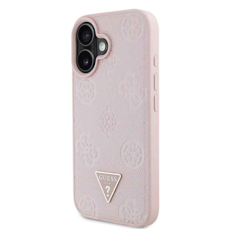 Apple iPhone 16 Case Guess Original Licensed Magsafe Charging Feature Hot Printed Triangle Logo PU Leather Peony Cover - 12