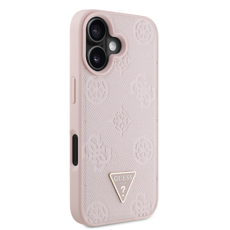 Apple iPhone 16 Case Guess Original Licensed Magsafe Charging Feature Hot Printed Triangle Logo PU Leather Peony Cover - 13