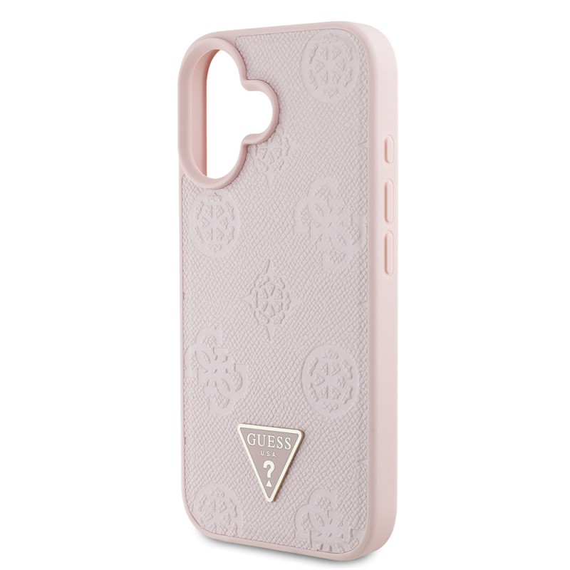 Apple iPhone 16 Case Guess Original Licensed Magsafe Charging Feature Hot Printed Triangle Logo PU Leather Peony Cover - 15