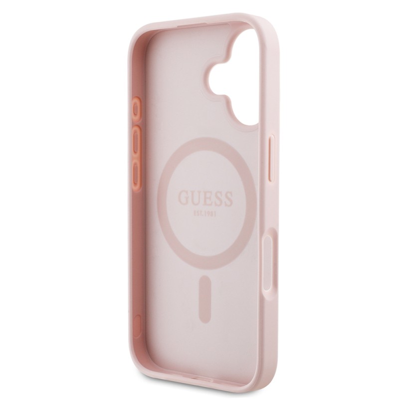 Apple iPhone 16 Case Guess Original Licensed Magsafe Charging Feature Hot Printed Triangle Logo PU Leather Peony Cover - 16