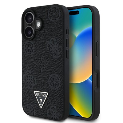 Apple iPhone 16 Case Guess Original Licensed Magsafe Charging Feature Hot Printed Triangle Logo PU Leather Peony Cover - 19