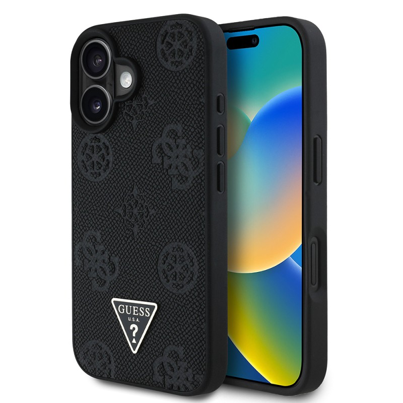 Apple iPhone 16 Case Guess Original Licensed Magsafe Charging Feature Hot Printed Triangle Logo PU Leather Peony Cover - 19