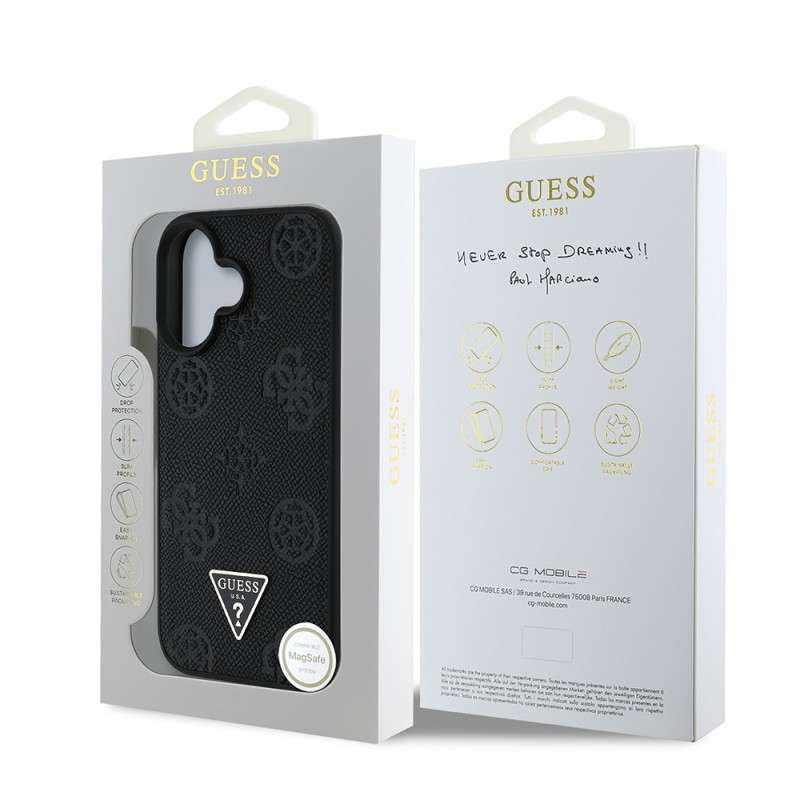 Apple iPhone 16 Case Guess Original Licensed Magsafe Charging Feature Hot Printed Triangle Logo PU Leather Peony Cover - 25
