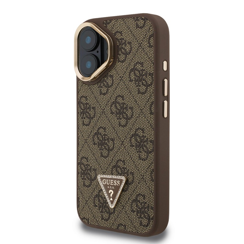 Apple iPhone 16 Case Guess Original Licensed PU Leather Stone Triangle Logo 4G Patterned Camera Stand Cover - 5