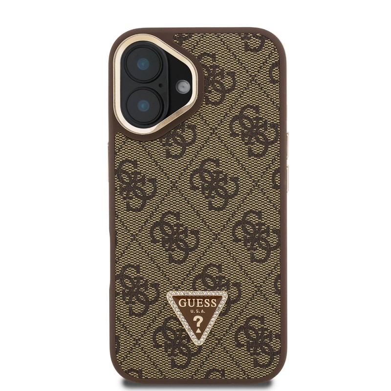Apple iPhone 16 Case Guess Original Licensed PU Leather Stone Triangle Logo 4G Patterned Camera Stand Cover - 6