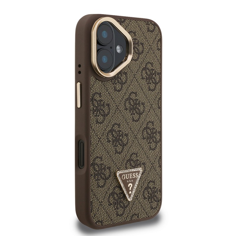 Apple iPhone 16 Case Guess Original Licensed PU Leather Stone Triangle Logo 4G Patterned Camera Stand Cover - 7