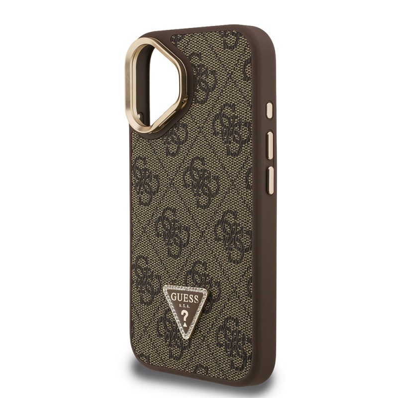 Apple iPhone 16 Case Guess Original Licensed PU Leather Stone Triangle Logo 4G Patterned Camera Stand Cover - 9