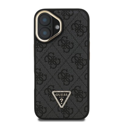 Apple iPhone 16 Case Guess Original Licensed PU Leather Stone Triangle Logo 4G Patterned Camera Stand Cover - 13