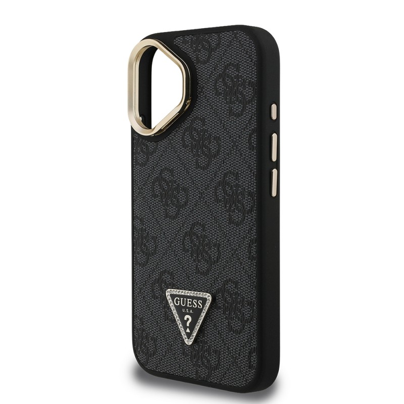Apple iPhone 16 Case Guess Original Licensed PU Leather Stone Triangle Logo 4G Patterned Camera Stand Cover - 16