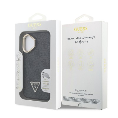 Apple iPhone 16 Case Guess Original Licensed PU Leather Stone Triangle Logo 4G Patterned Camera Stand Cover - 18