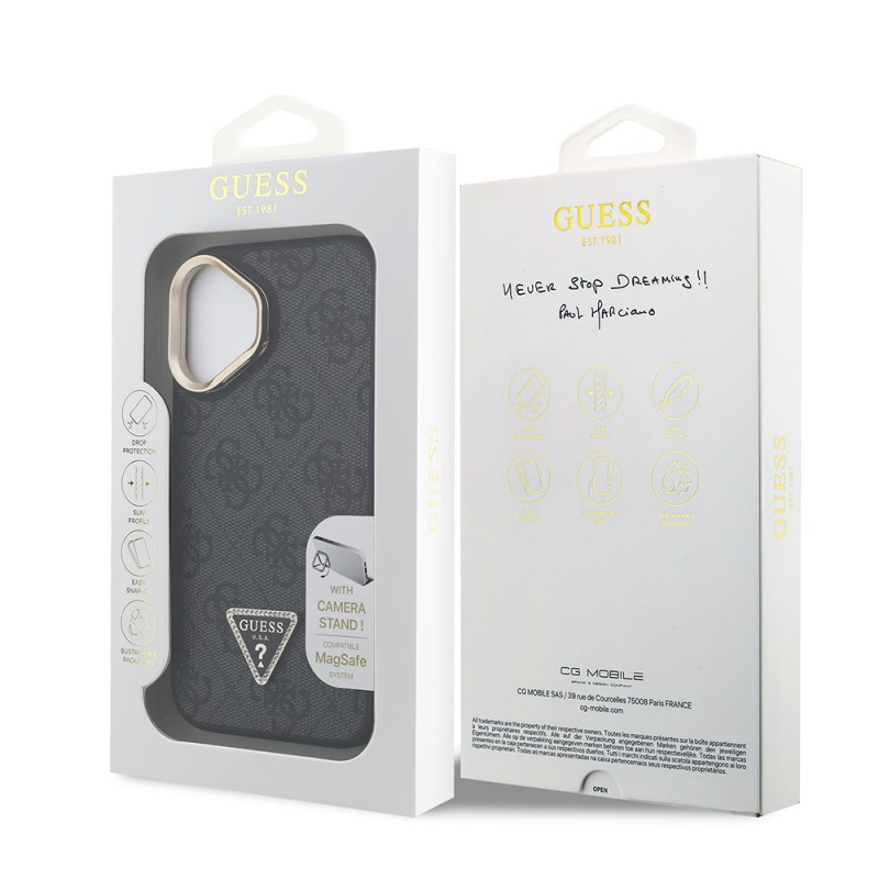Apple iPhone 16 Case Guess Original Licensed PU Leather Stone Triangle Logo 4G Patterned Camera Stand Cover - 18