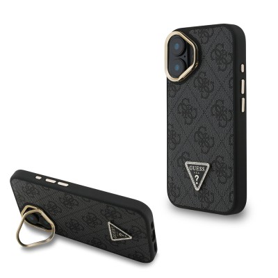 Apple iPhone 16 Case Guess Original Licensed PU Leather Stone Triangle Logo 4G Patterned Camera Stand Cover - 3