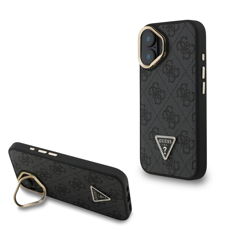 Apple iPhone 16 Case Guess Original Licensed PU Leather Stone Triangle Logo 4G Patterned Camera Stand Cover - 3