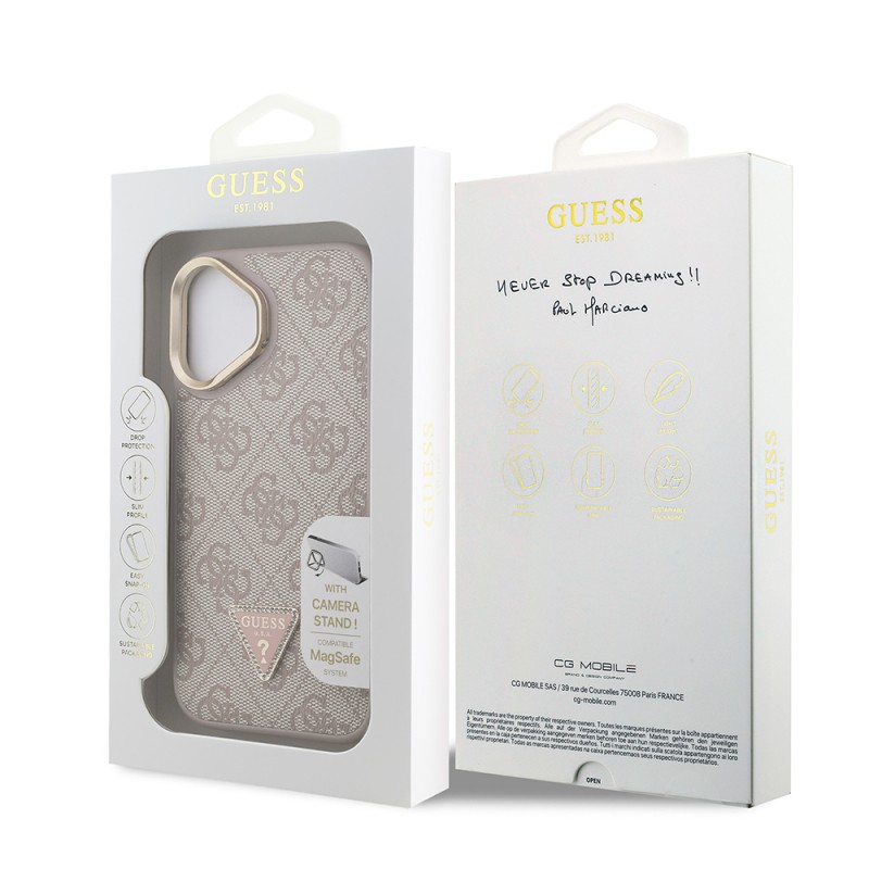 Apple iPhone 16 Case Guess Original Licensed PU Leather Stone Triangle Logo 4G Patterned Camera Stand Cover - 25