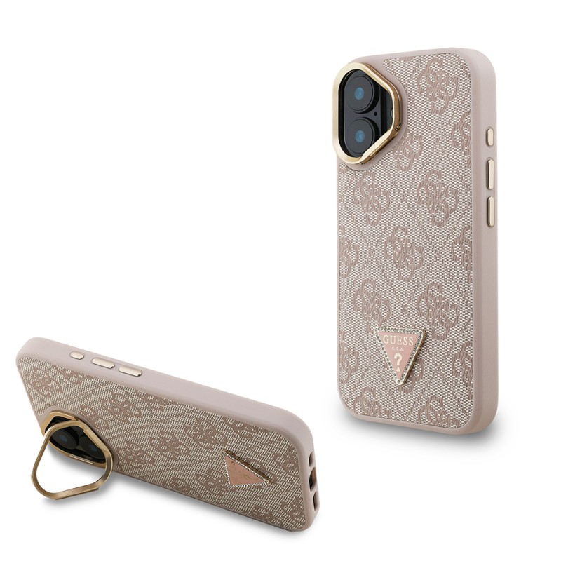 Apple iPhone 16 Case Guess Original Licensed PU Leather Stone Triangle Logo 4G Patterned Camera Stand Cover - 4