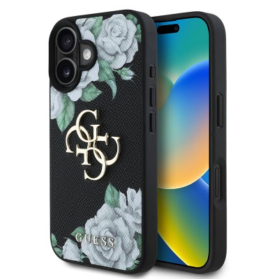 Apple iPhone 16 Case Guess Original Licensed Rose Printed Large Metal Logo Design Cover - 5