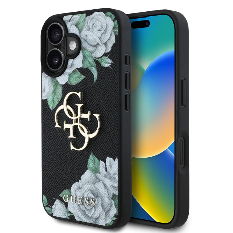 Apple iPhone 16 Case Guess Original Licensed Rose Printed Large Metal Logo Design Cover - 5