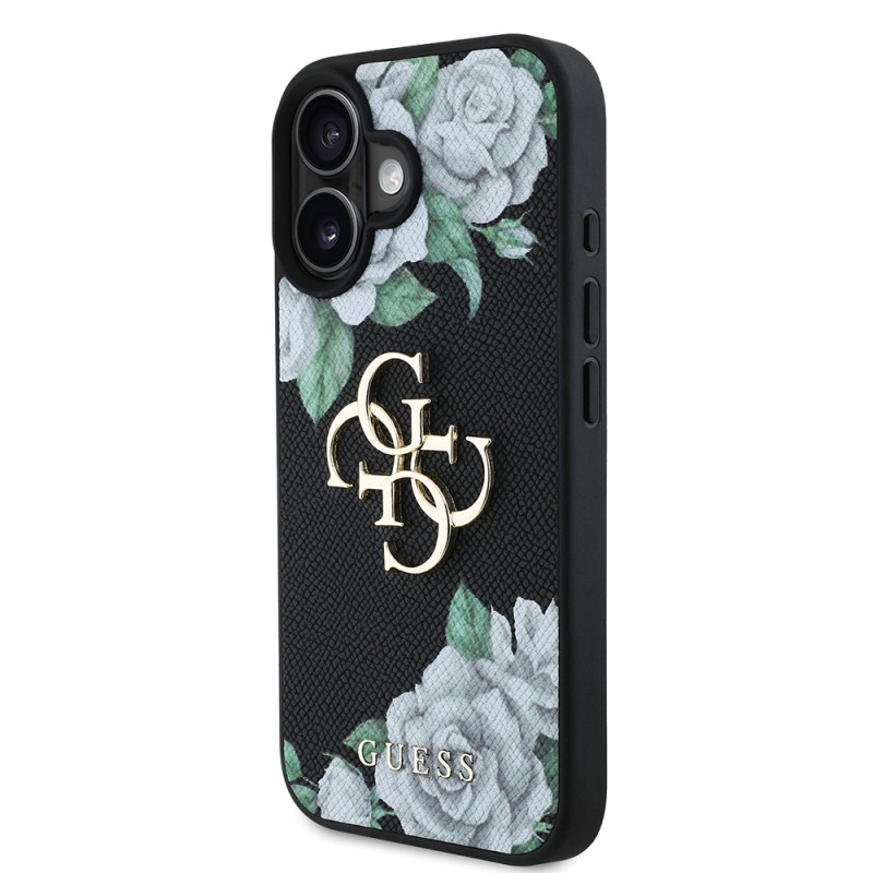 Apple iPhone 16 Case Guess Original Licensed Rose Printed Large Metal Logo Design Cover - 6