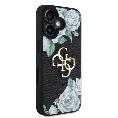 Apple iPhone 16 Case Guess Original Licensed Rose Printed Large Metal Logo Design Cover - 7