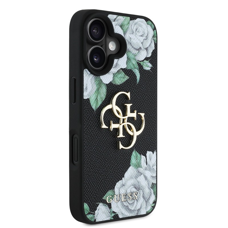 Apple iPhone 16 Case Guess Original Licensed Rose Printed Large Metal Logo Design Cover - 7