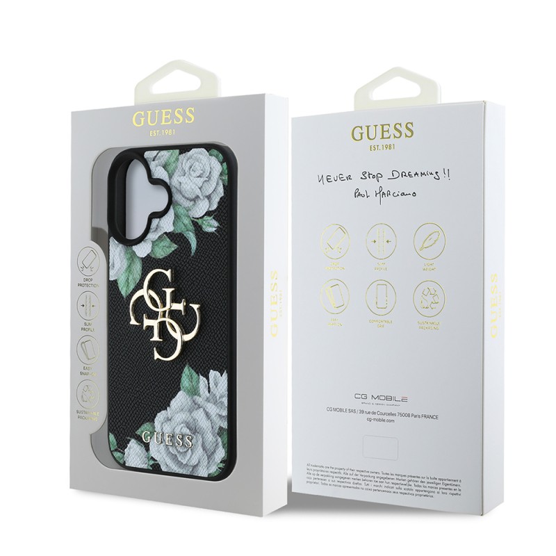 Apple iPhone 16 Case Guess Original Licensed Rose Printed Large Metal Logo Design Cover - 11