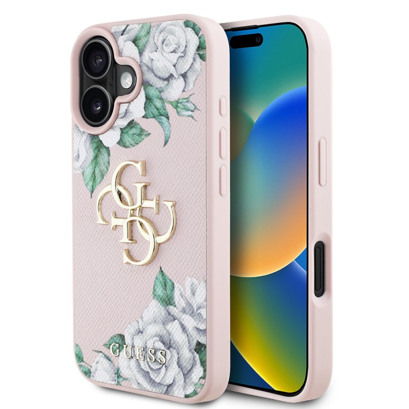 Apple iPhone 16 Case Guess Original Licensed Rose Printed Large Metal Logo Design Cover - 12