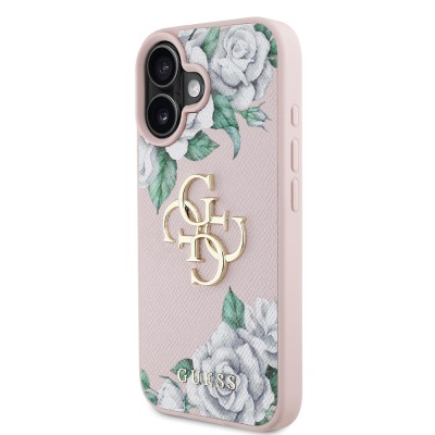 Apple iPhone 16 Case Guess Original Licensed Rose Printed Large Metal Logo Design Cover - 13