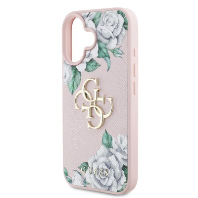 Apple iPhone 16 Case Guess Original Licensed Rose Printed Large Metal Logo Design Cover - 16