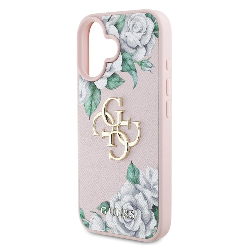 Apple iPhone 16 Case Guess Original Licensed Rose Printed Large Metal Logo Design Cover - 16