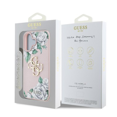 Apple iPhone 16 Case Guess Original Licensed Rose Printed Large Metal Logo Design Cover - 18