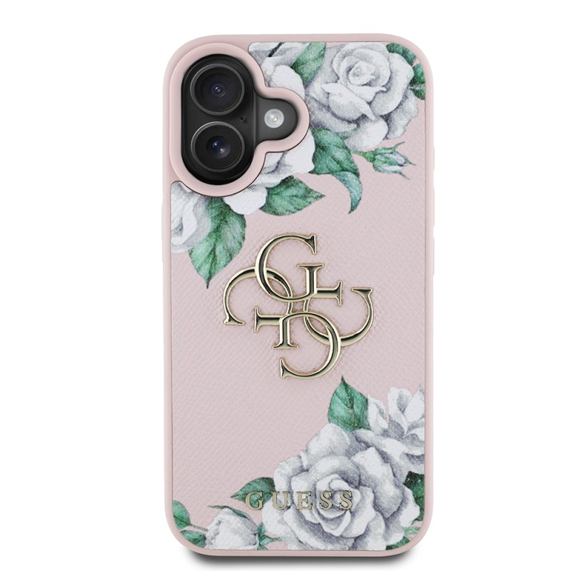 Apple iPhone 16 Case Guess Original Licensed Rose Printed Large Metal Logo Design Cover - 3