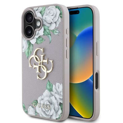 Apple iPhone 16 Case Guess Original Licensed Rose Printed Large Metal Logo Design Cover - 19